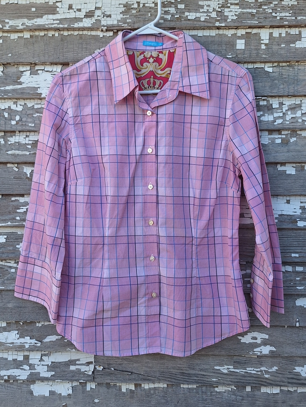 J. McLaughlin Pink Plaid Button-Up Shirt with Navy Windowpane